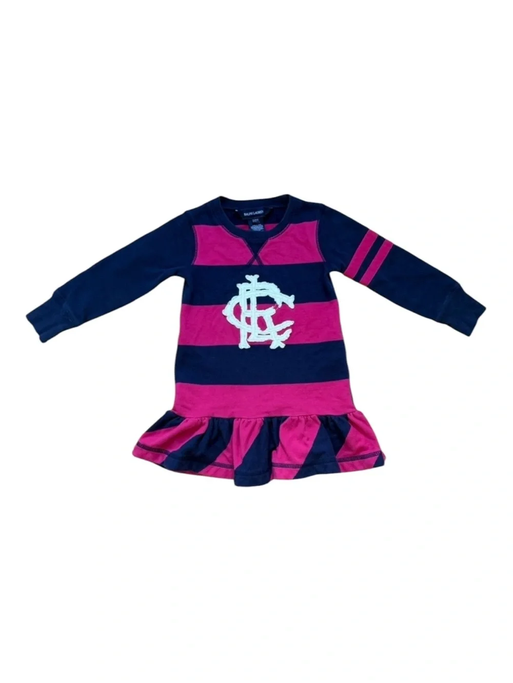 Ralph Lauren Striped Jersey Dress Toddler Size 2T Pink Navy Blue Logo Crest Girl